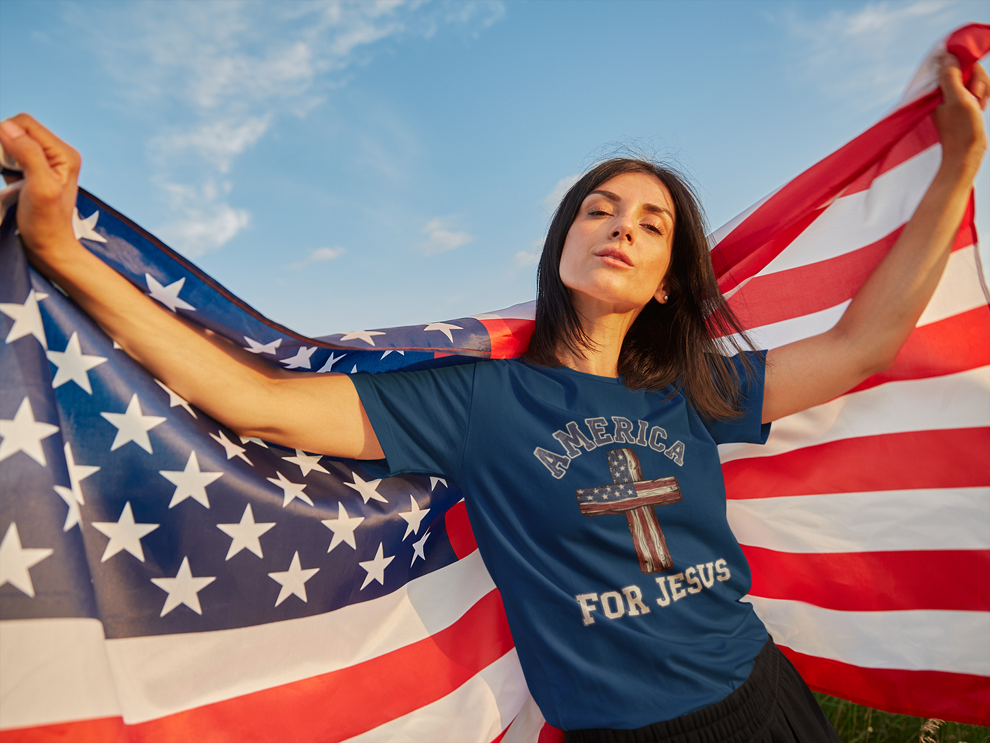 America For Jesus Patriotic Wooden Cross T-Shirt