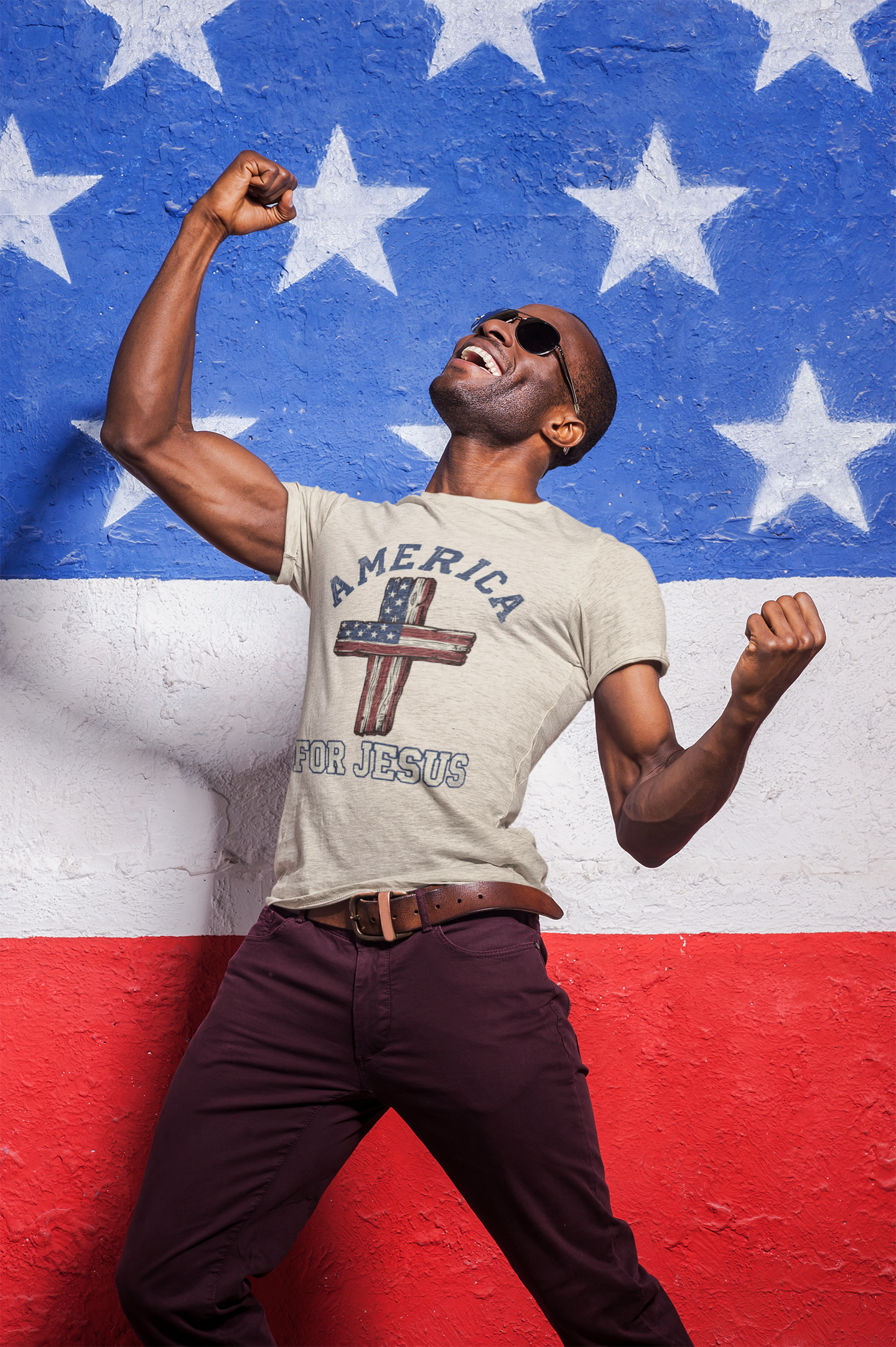 America For Jesus Patriotic Wooden Cross T-Shirt