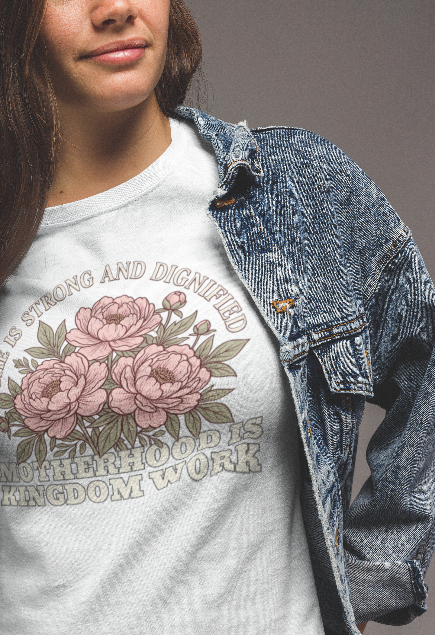 She Is Strong and Dignified / Motherhood is Kingdom Work Floral Mom T-Shirt